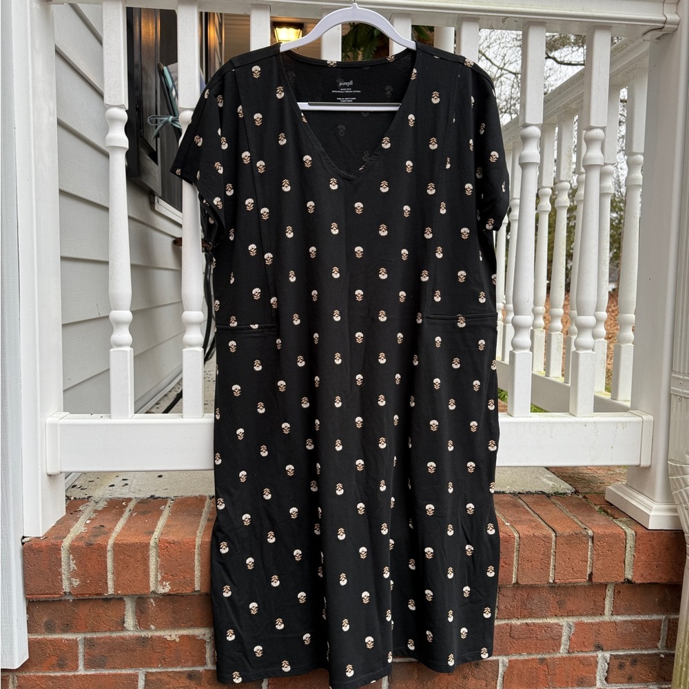 J.jill Pure Jill Soft-v-neck T-shirt Dress Black Airy Floral Organic Cotton LG - Picture 6 of 7
